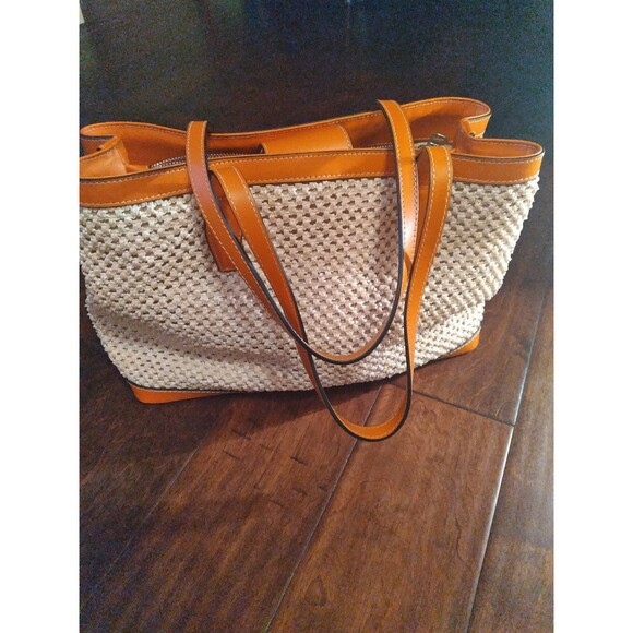 Woven Tote Bag, Tan Leather Trim, Stylish Handbag, Beach Bag‎ - Picture 2 of 7
